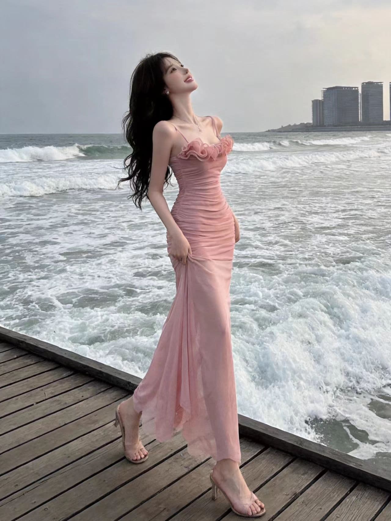 실사 디자인 센스 꽃 망사 슬립 드레스 여름 해변 휴가 인어 꼬리 스커트 생일 예복 외국 가스 치마 이미지 2