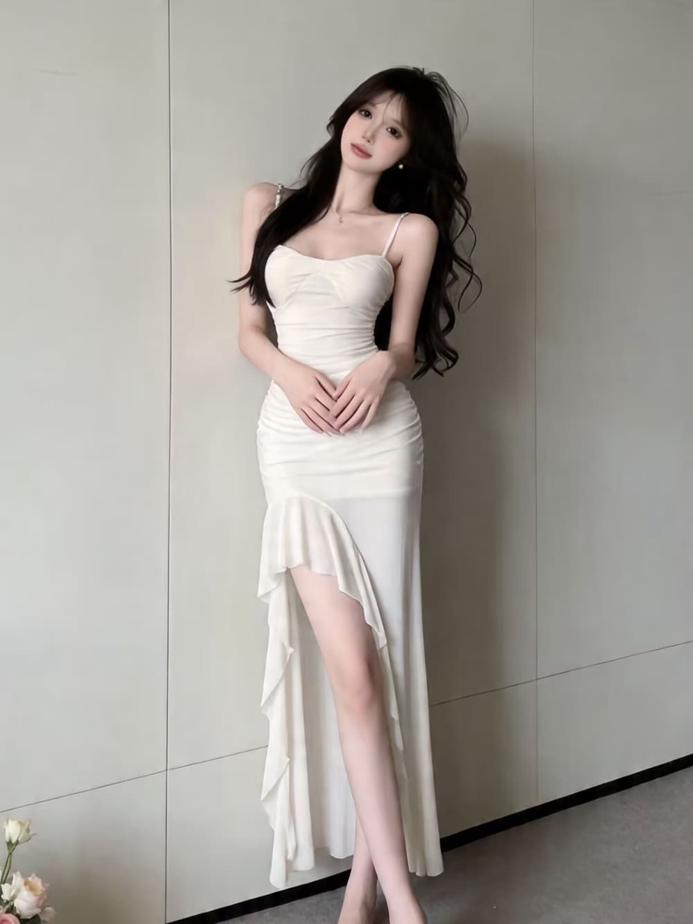 실사 프랑스식 섹시함 프릴 트임 슬립 드레스 명문 여성 품격 백리스 작은 키 디스플레이 높음 롱 스커트 상세 이미지 20