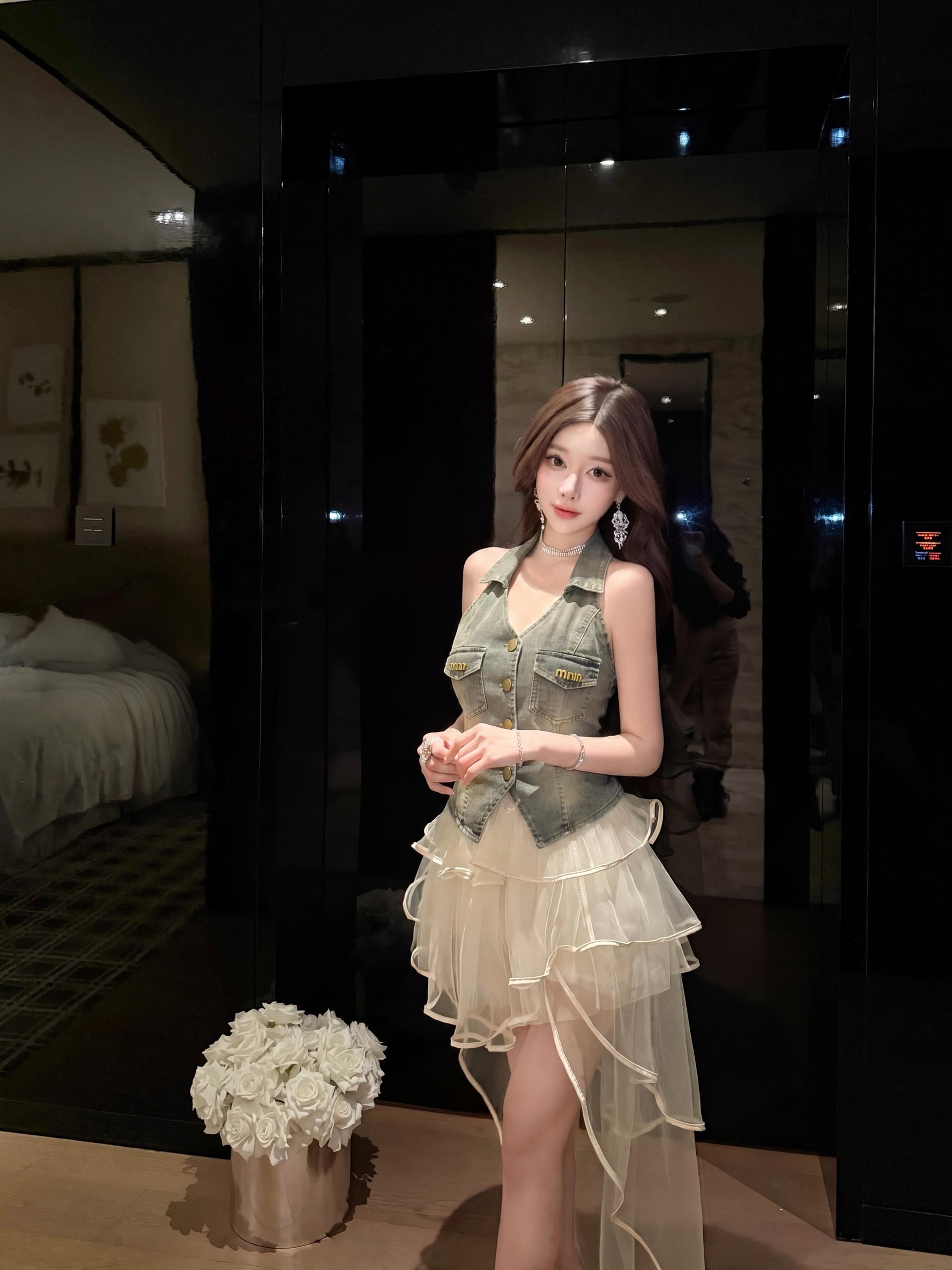 실사 한국 스타일 패션 레트로 데님 조끼 여성 여름 하이웨이스트 끌기 꼬리 망사 치마바지 세련된 외국 가스 세트 완료 착용 가져 가라. 상세 이미지 7
