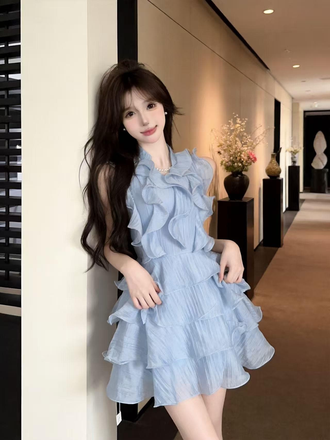 실사 프랑스식 달콤함 작은 청신 하늘색 행침 목 드레스 프릴 디자인 센스 품격 케이크 외국 가스 치마 상세 이미지 13