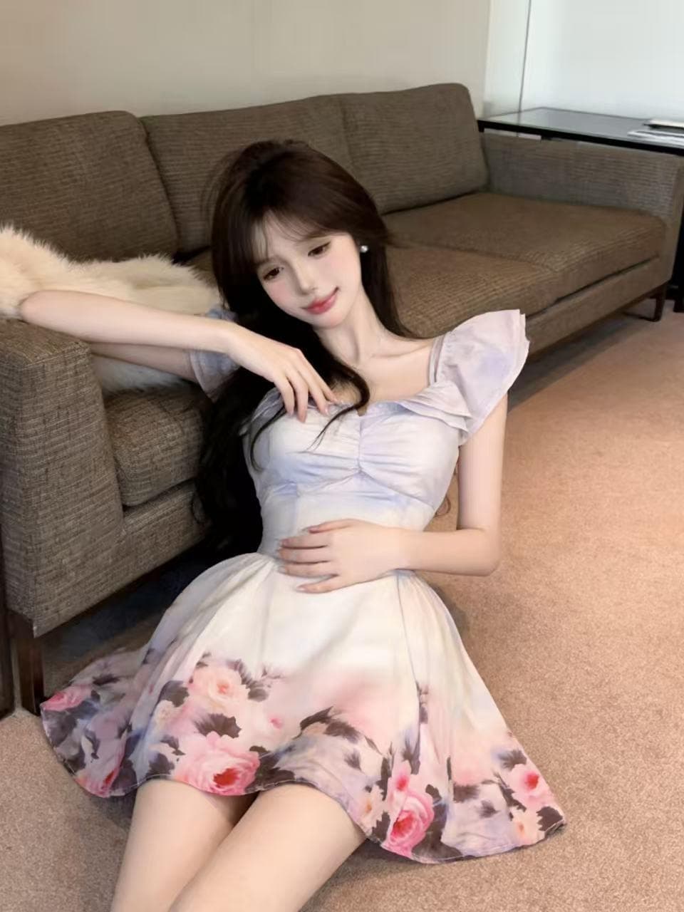 실사 프랑스식 부드러운 바람 오프숄더 꽃무늬 드레스 여름 새로운 퍼프 스커트 작은 키 달콤함 공주 드레스 상세 이미지 3