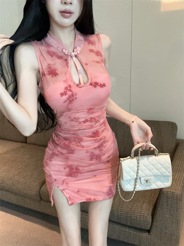 실사 보라색 새로운 중식 향상된 버전 치파오 홀로우 아웃 여성 드레스 여름 핫걸 섹시함 슬림해 보이는 허리 수축 미니 스커트 상세 이미지 29