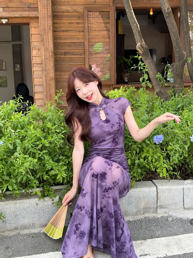 실사 새로운 중식 망사 패치워크 보라색 꽃무늬 향상된 버전 치파오 드레스 섹시함 핫걸 허리 수축 타이트 스커트 드레스 상세 이미지 4