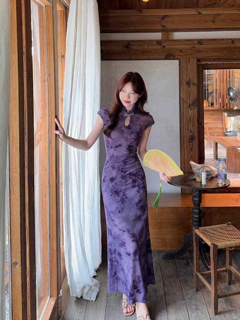 실사 새로운 중식 망사 패치워크 보라색 꽃무늬 향상된 버전 치파오 드레스 섹시함 핫걸 허리 수축 타이트 스커트 드레스 상세 이미지 5