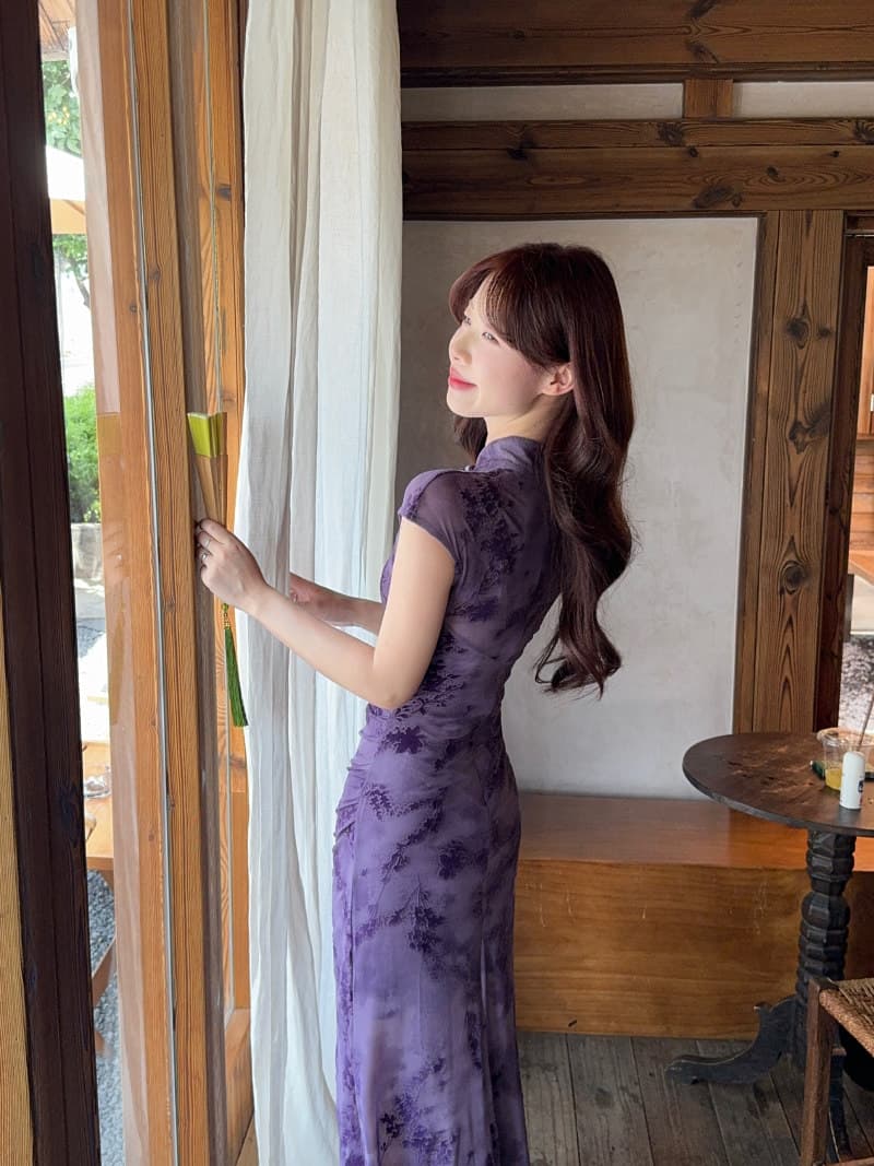 실사 새로운 중식 망사 패치워크 보라색 꽃무늬 향상된 버전 치파오 드레스 섹시함 핫걸 허리 수축 타이트 스커트 드레스 상세 이미지 7