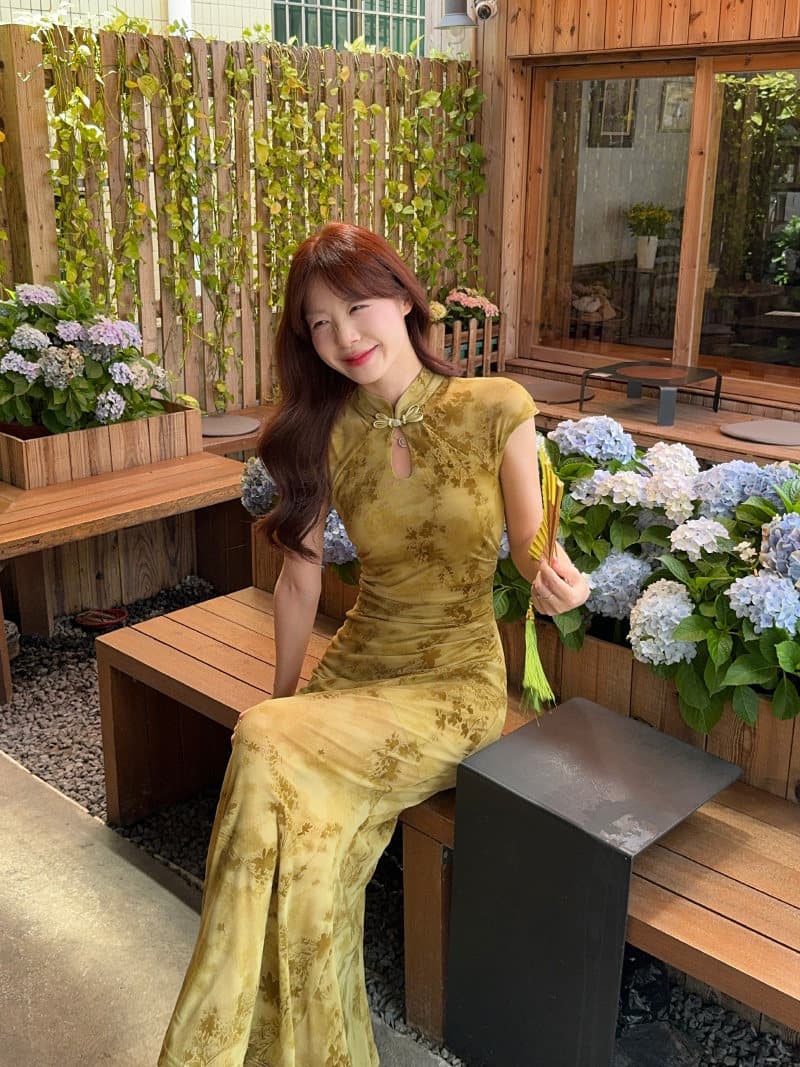 실사 새로운 중식 망사 패치워크 보라색 꽃무늬 향상된 버전 치파오 드레스 섹시함 핫걸 허리 수축 타이트 스커트 드레스 상세 이미지 11