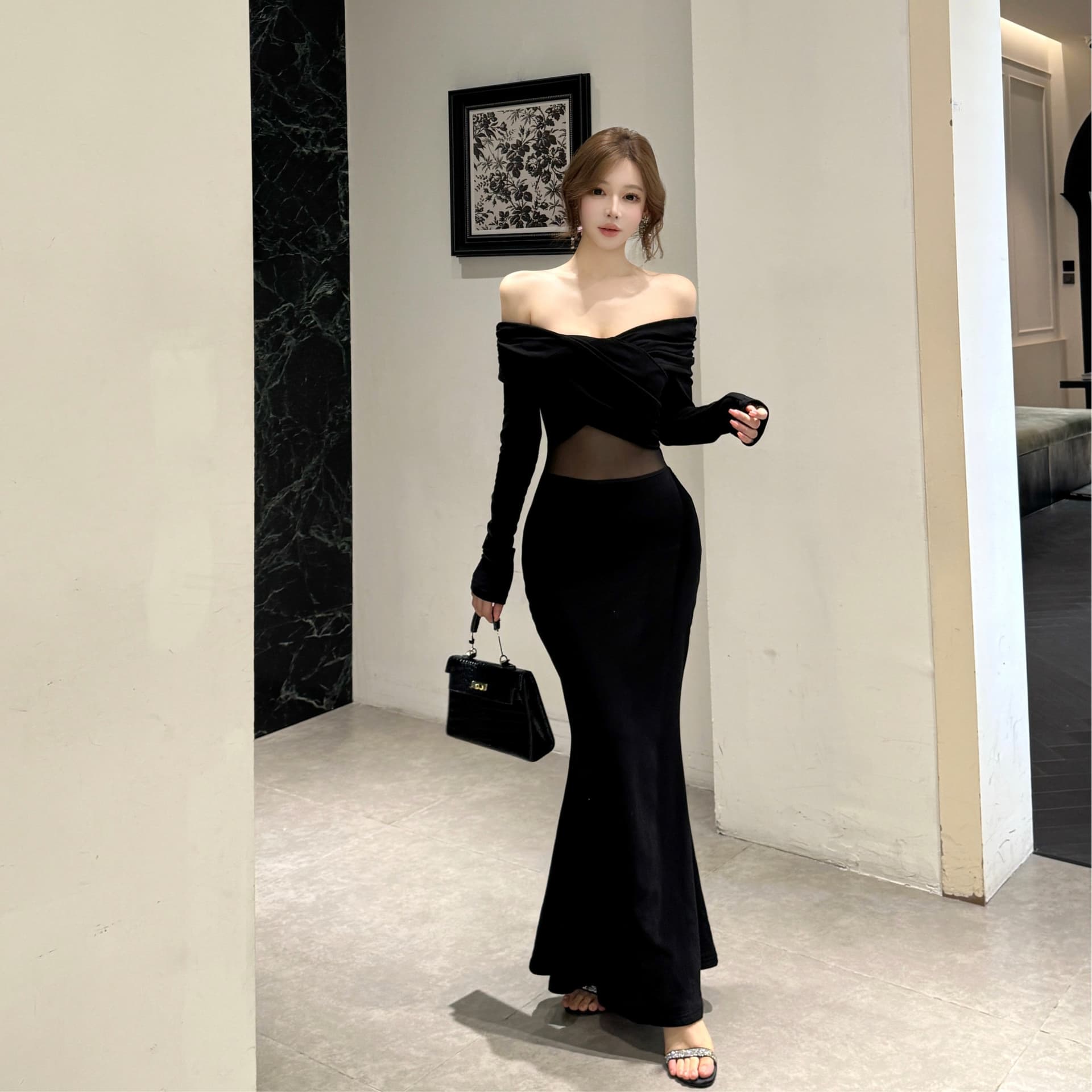 실사 프랑스식 품격 오프숄더 망사 패치워크 드레스 여성 긴 소매 섹시함 타이트 디스플레이 몸 타이트 스커트 롱 스커트 이미지 6