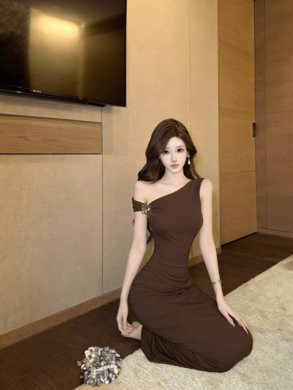실사 레트로 순수한 욕망 바람 핫걸 비스듬한 칼라 오프숄더 주름 장식 허리 수축 드레스 외국 가스 타이트 스커트 슬림해 보이는 드레스 상세 이미지 6