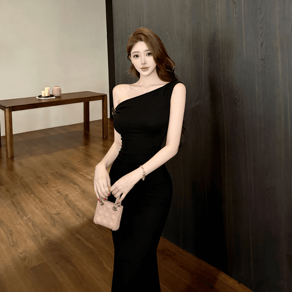실사 레트로 순수한 욕망 바람 핫걸 비스듬한 칼라 오프숄더 주름 장식 허리 수축 드레스 외국 가스 타이트 스커트 슬림해 보이는 드레스 상세 이미지 7