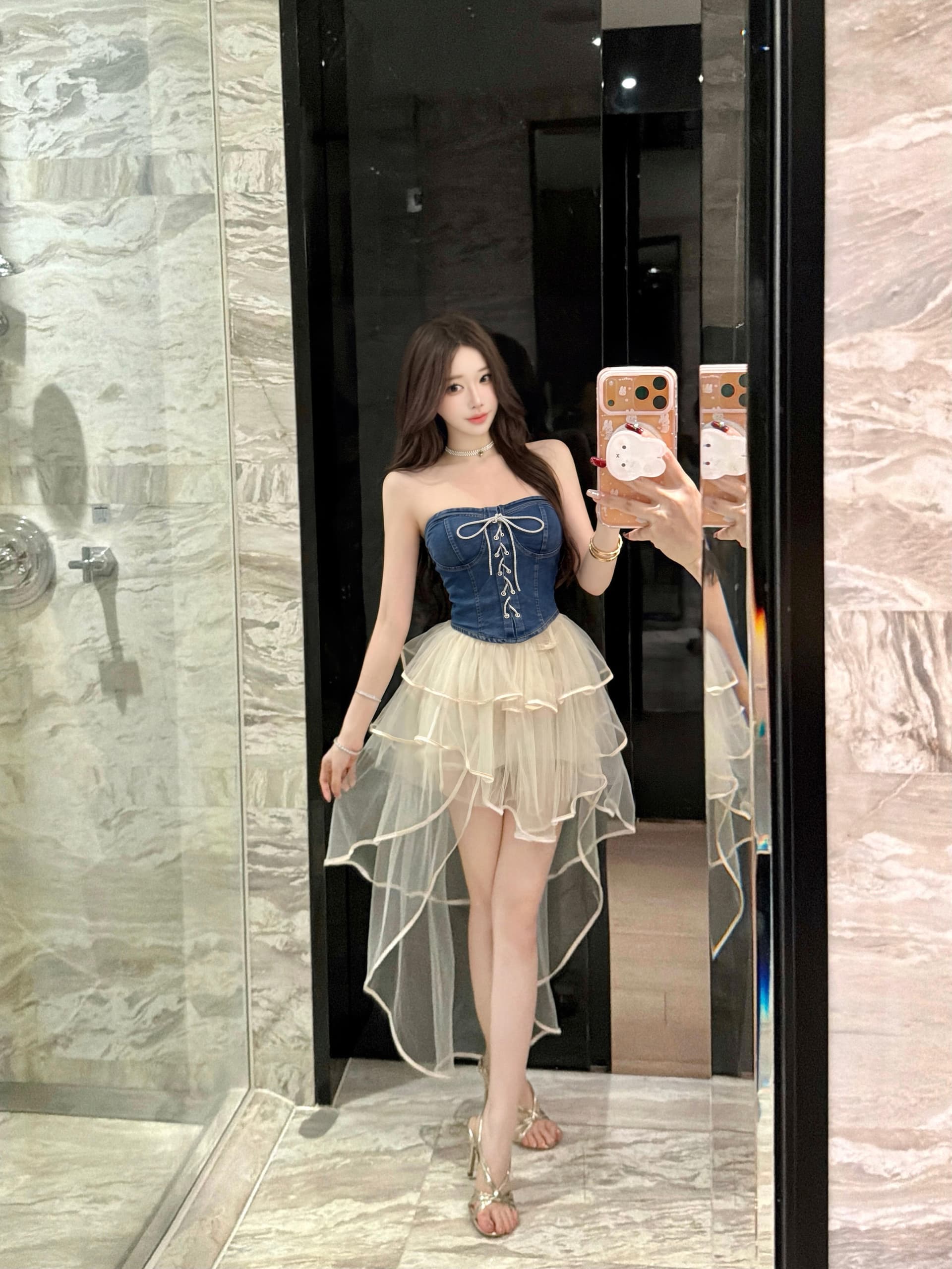 실사 달콤한 핫걸 여름 Chic 레이스업 펌프 로프 데님 튜브탑 살구 색상 끌기 꼬리 반 스커트 외국 가스 세트 완료 착용 가져 가라. 상세 이미지 3