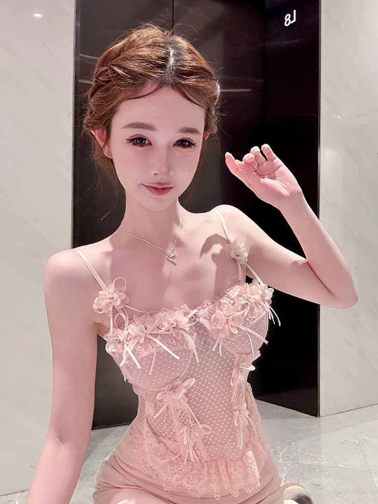 실사 여름 Chic 작은 대중 달콤함 3 차원 꽃 디자인 센스 달콤한 매운맛 민소매 허리 수축 하이웨이스트 공주 케이크 드레스 상세 이미지 10