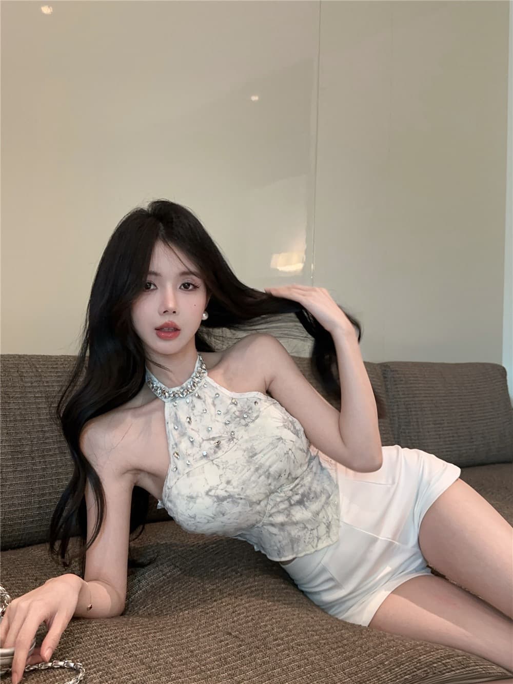 실사 2026 고유 한 프랑스식 다이아몬드 세팅 홀치기 염색 행침 목 디자인 센스 작은 대중 슬림해 보이는 아름다운 의류 퍼프 반 스커트 세트 상세 이미지 39