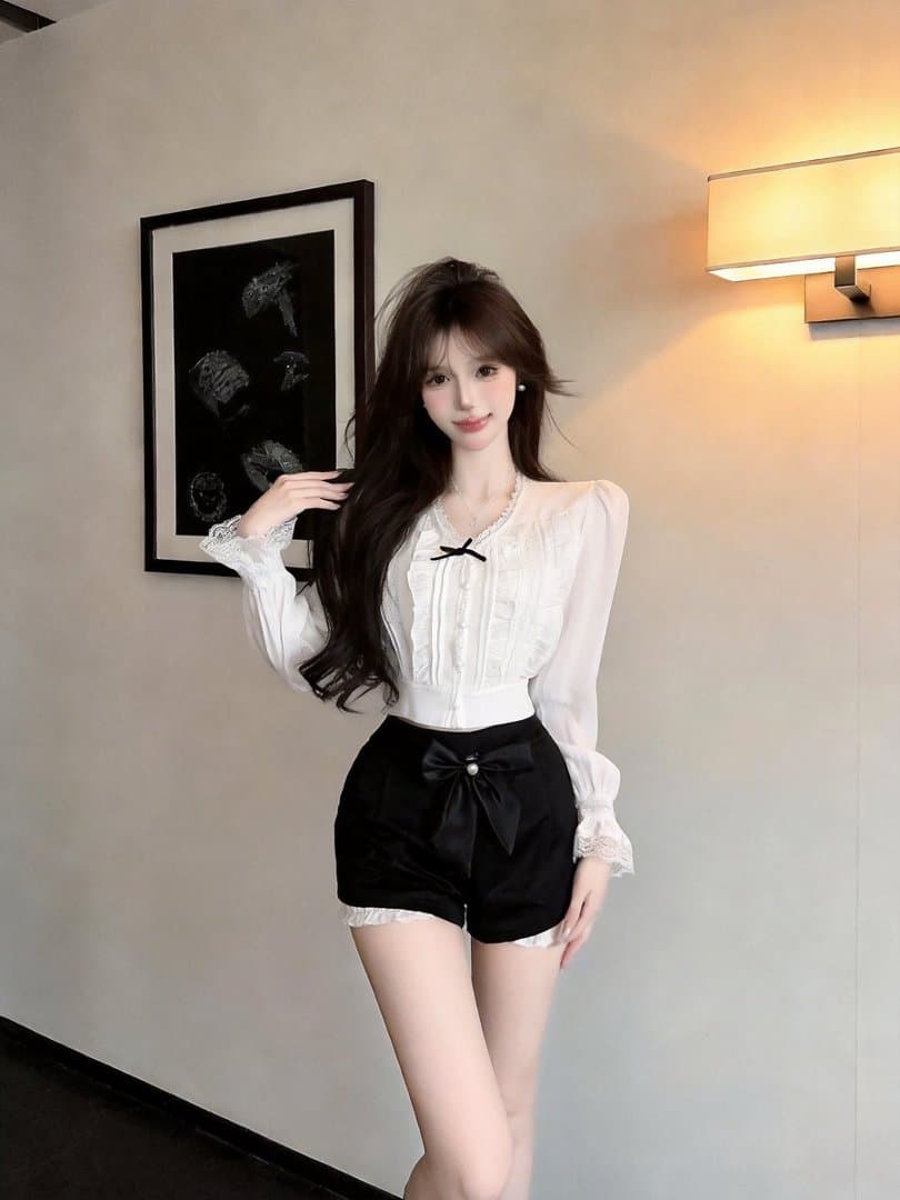 실사 프랑스식 레이스 측면 V넥 긴팔 셔츠 여성 나비 매듭 벨벳 하이웨이스트 반바지 순수한 욕망 핫걸 투피스 세트 상세 이미지 5