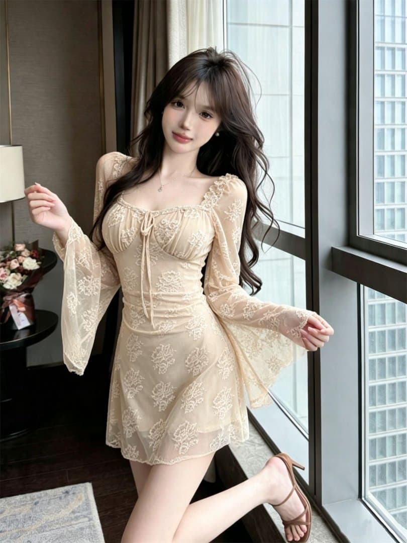 실사 프랑스식 로얄 자매 바람 레이스 나팔 소매 디스플레이 화이트 여성 드레스 고급 센스 품격 슈퍼 요정 예복 롱 스커트 상세 이미지 8