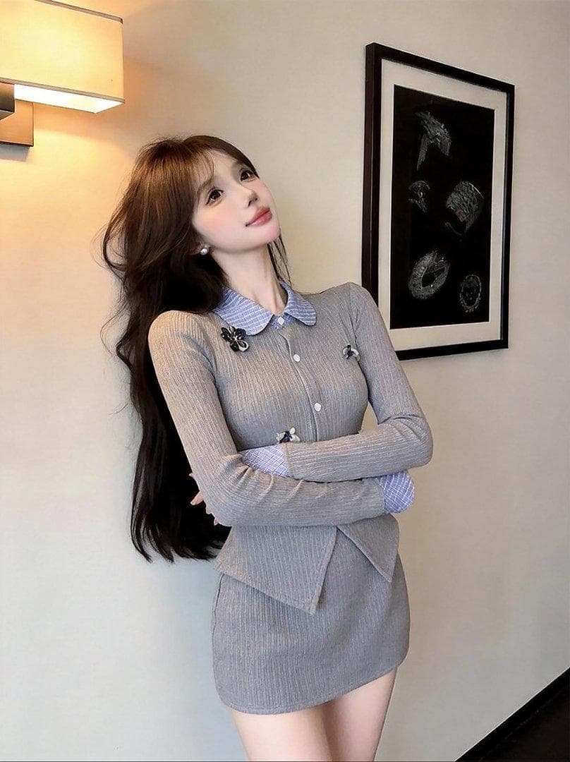 실사 몸매 가꾸기 슬림해 보이는 디자인 센스 한 부서 학원 스타일 달콤함 패치워크 셔츠 의류 반신 미니 스커트 패션 세트 상세 이미지 6