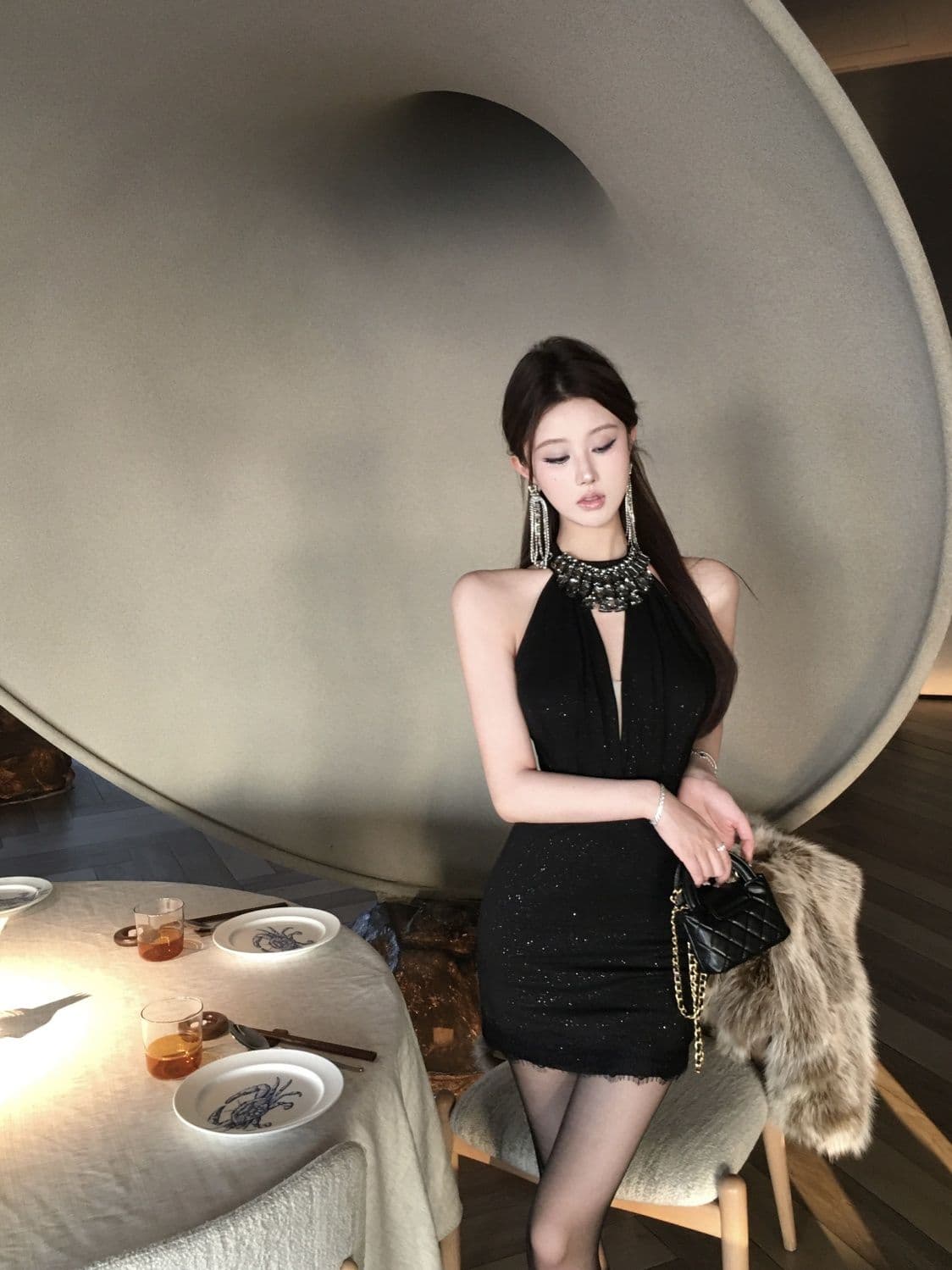 실사 비싼 가스 센스 천 골드 다이아몬드 세팅 슬립 드레스 여름 섹시함 행침 목 타이트 스커트 생일 연회 미니 스커트 상세 이미지 2