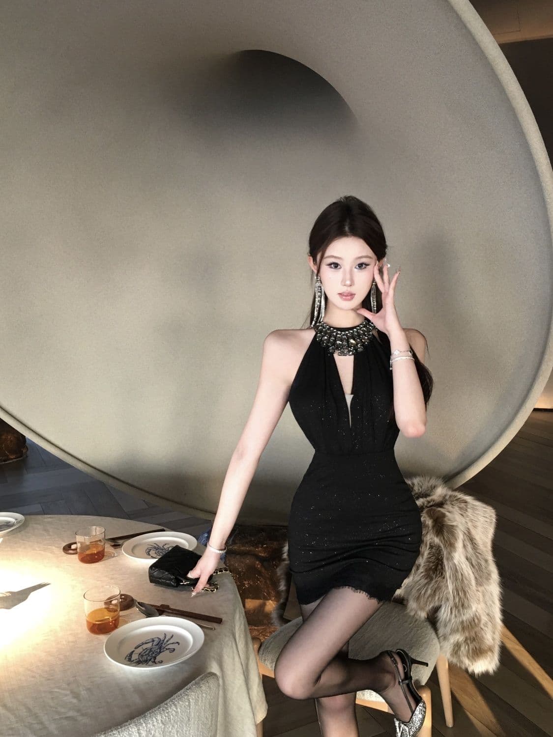 실사 비싼 가스 센스 천 골드 다이아몬드 세팅 슬립 드레스 여름 섹시함 행침 목 타이트 스커트 생일 연회 미니 스커트 상세 이미지 3