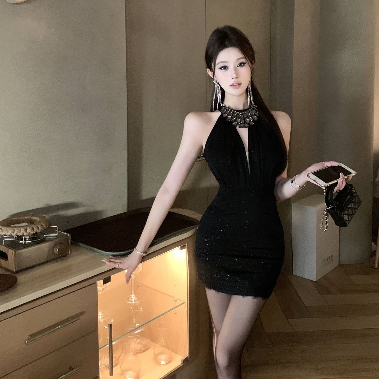 실사 비싼 가스 센스 천 골드 다이아몬드 세팅 슬립 드레스 여름 섹시함 행침 목 타이트 스커트 생일 연회 미니 스커트 상세 이미지 4