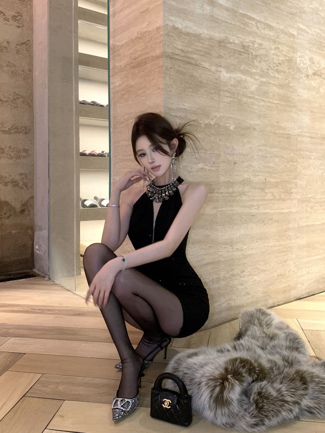 실사 비싼 가스 센스 천 골드 다이아몬드 세팅 슬립 드레스 여름 섹시함 행침 목 타이트 스커트 생일 연회 미니 스커트 상세 이미지 7