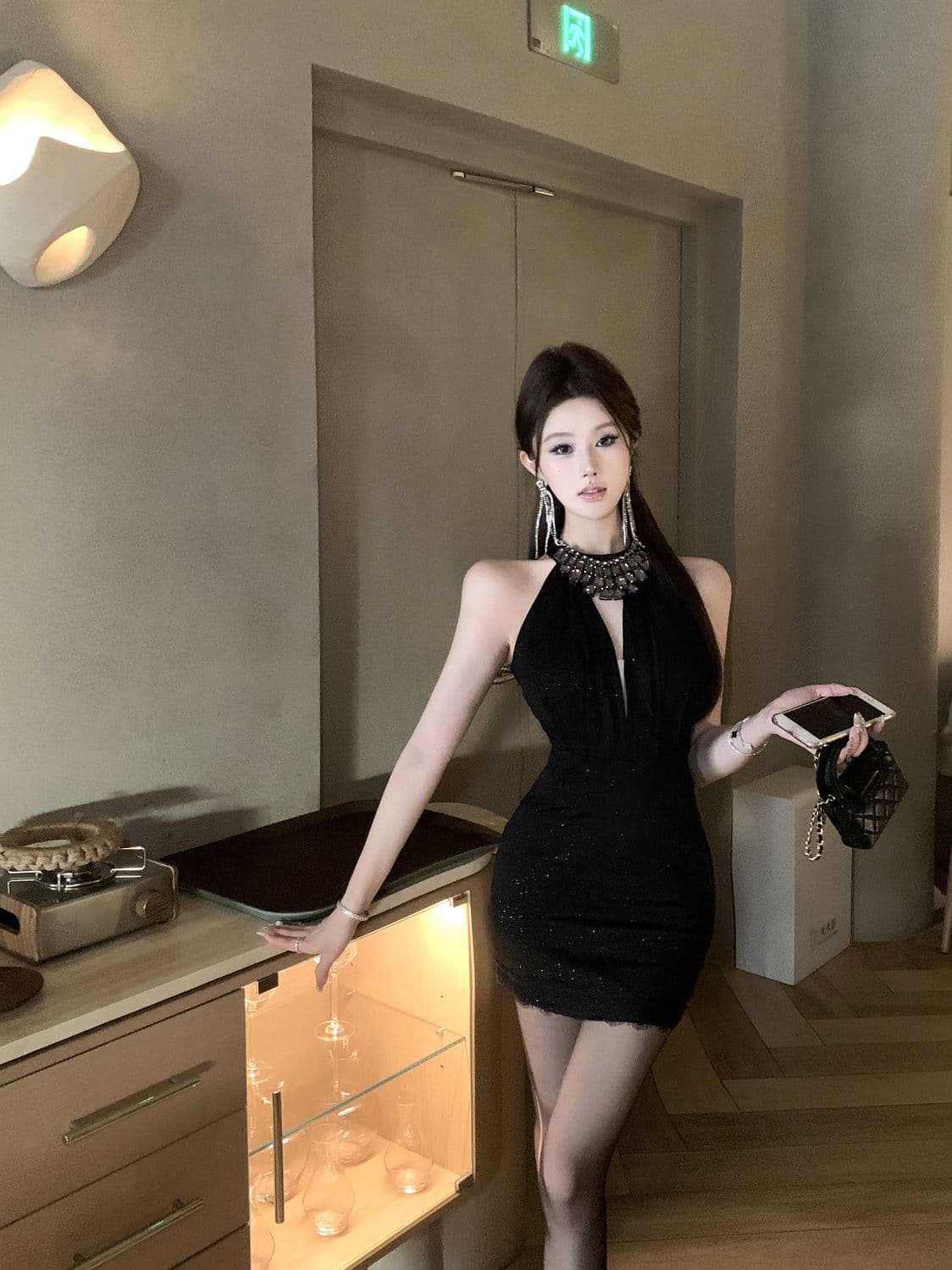 실사 비싼 가스 센스 천 골드 다이아몬드 세팅 슬립 드레스 여름 섹시함 행침 목 타이트 스커트 생일 연회 미니 스커트 상세 이미지 10