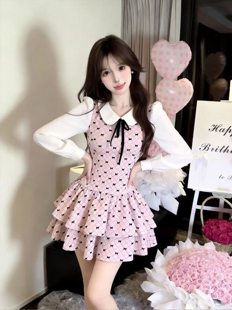 실사 한 부서 베이비 칼라 도트 무늬 케이크 페이크 레이어드 패치워크 긴팔 연령 감소 작은 키 퍼프 드레스