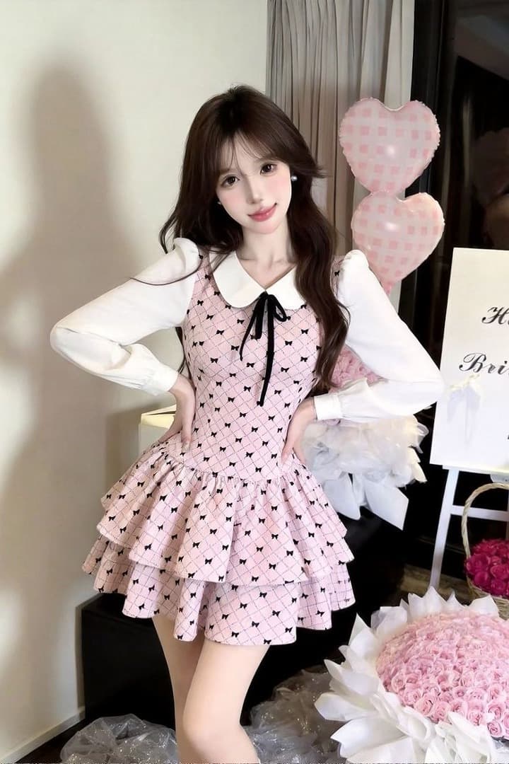 실사 한 부서 베이비 칼라 도트 무늬 케이크 페이크 레이어드 패치워크 긴팔 연령 감소 작은 키 퍼프 드레스 이미지 6
