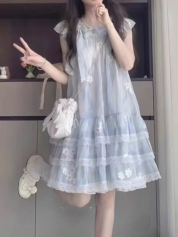 프랑스식 달콤함 학원 스타일 파란색 꽃무늬 Feifei 소매 요정 케이크 드레스 상세 이미지 2