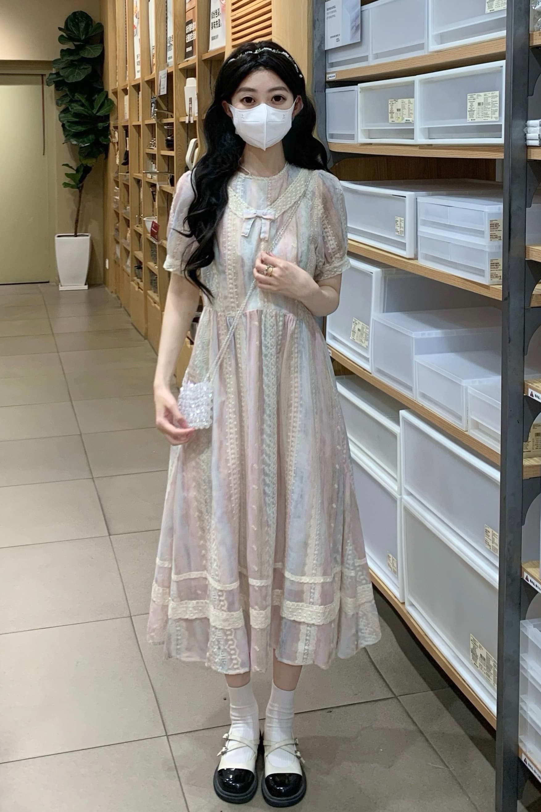 실사 새로운 학원 스타일 파우더 블루 자수 레이스 여름 나비 매듭 롱 코트 한 마디 드레스 이미지 5
