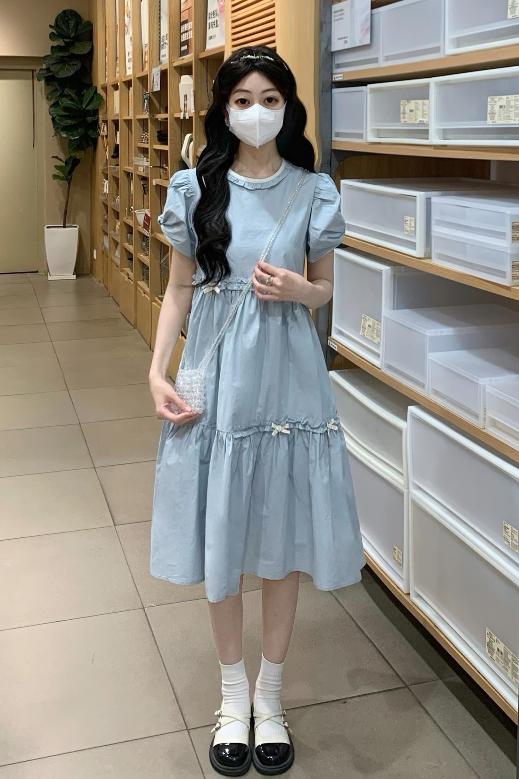 실사 여름 학원 스타일 달콤함 귀여운 레이스 칼라 단색 드레스 이미지 5
