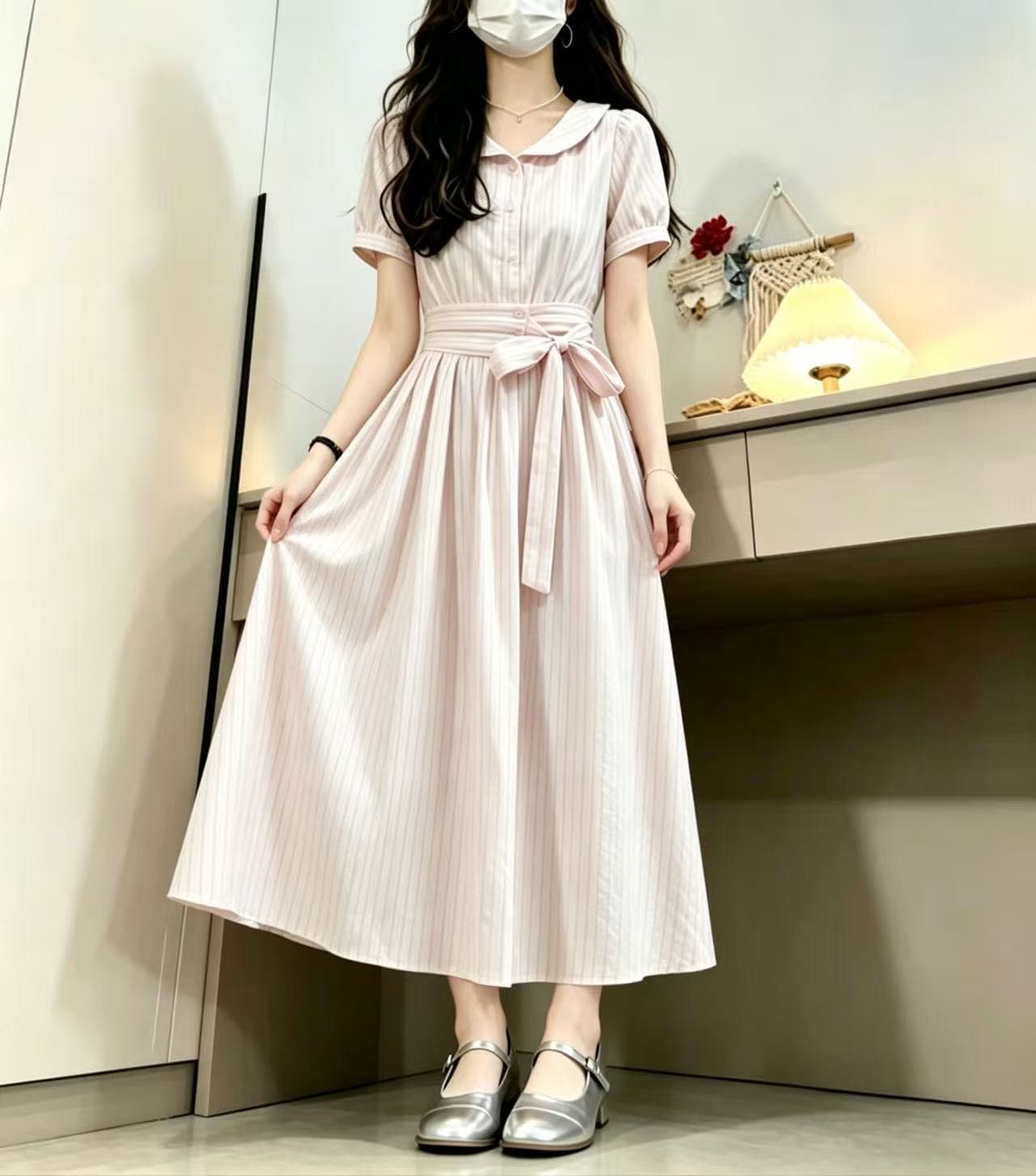 프랑스식 학원 스타일 핑크색 스트라이프 레이스업 나비 매듭 허리 수축 베이비 칼라 벌룬 소매 한 마디 드레스 상세 이미지 4
