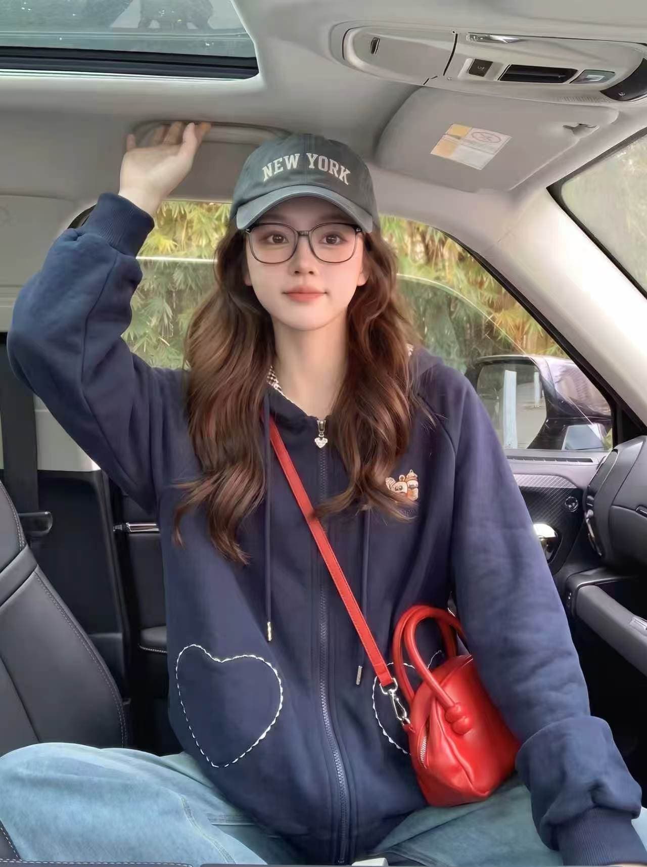가을 겨울 새로운 두꺼운 복합 원단 자수 체크무늬 레이스 하트 지퍼 곰 귀 후드티 루즈핏 재킷 이미지 4