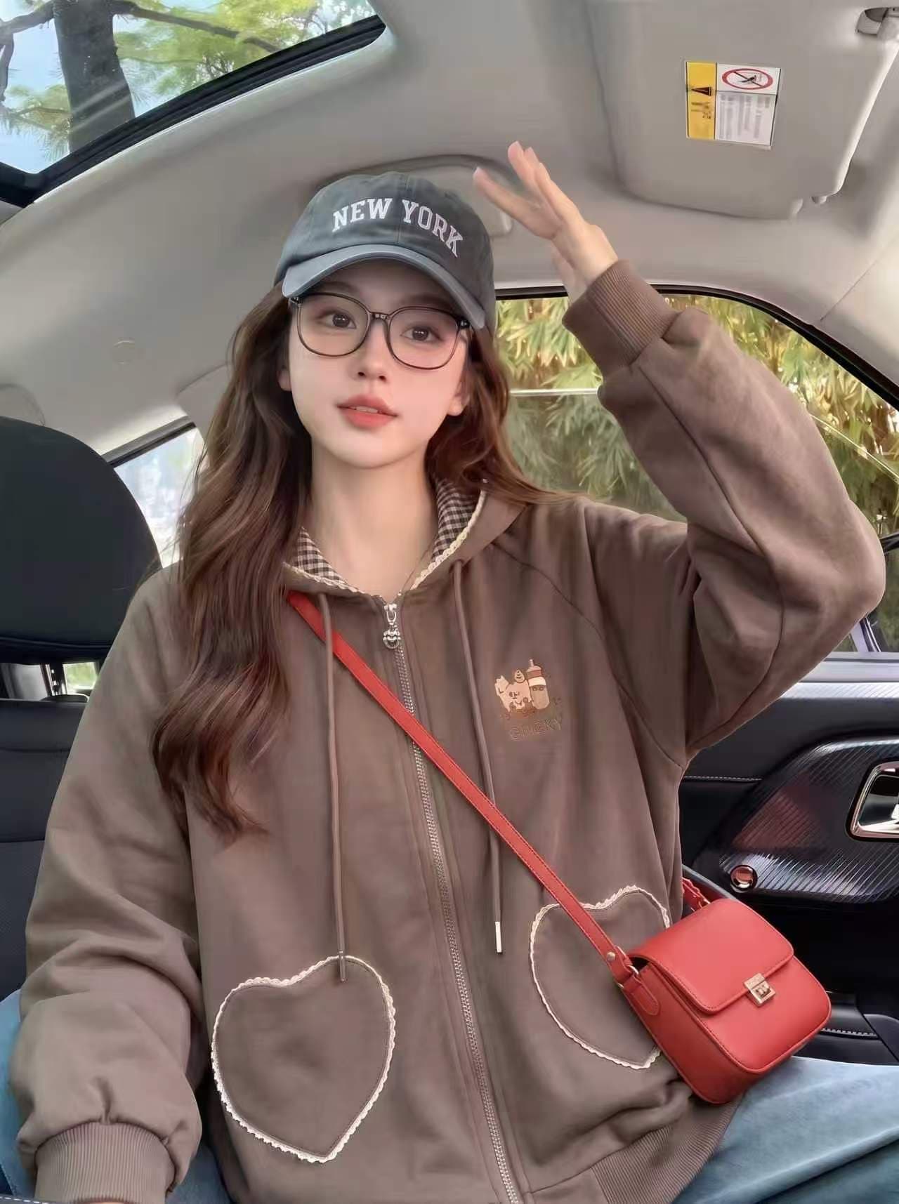 가을 겨울 새로운 두꺼운 복합 원단 자수 체크무늬 레이스 하트 지퍼 곰 귀 후드티 루즈핏 재킷 상세 이미지 9