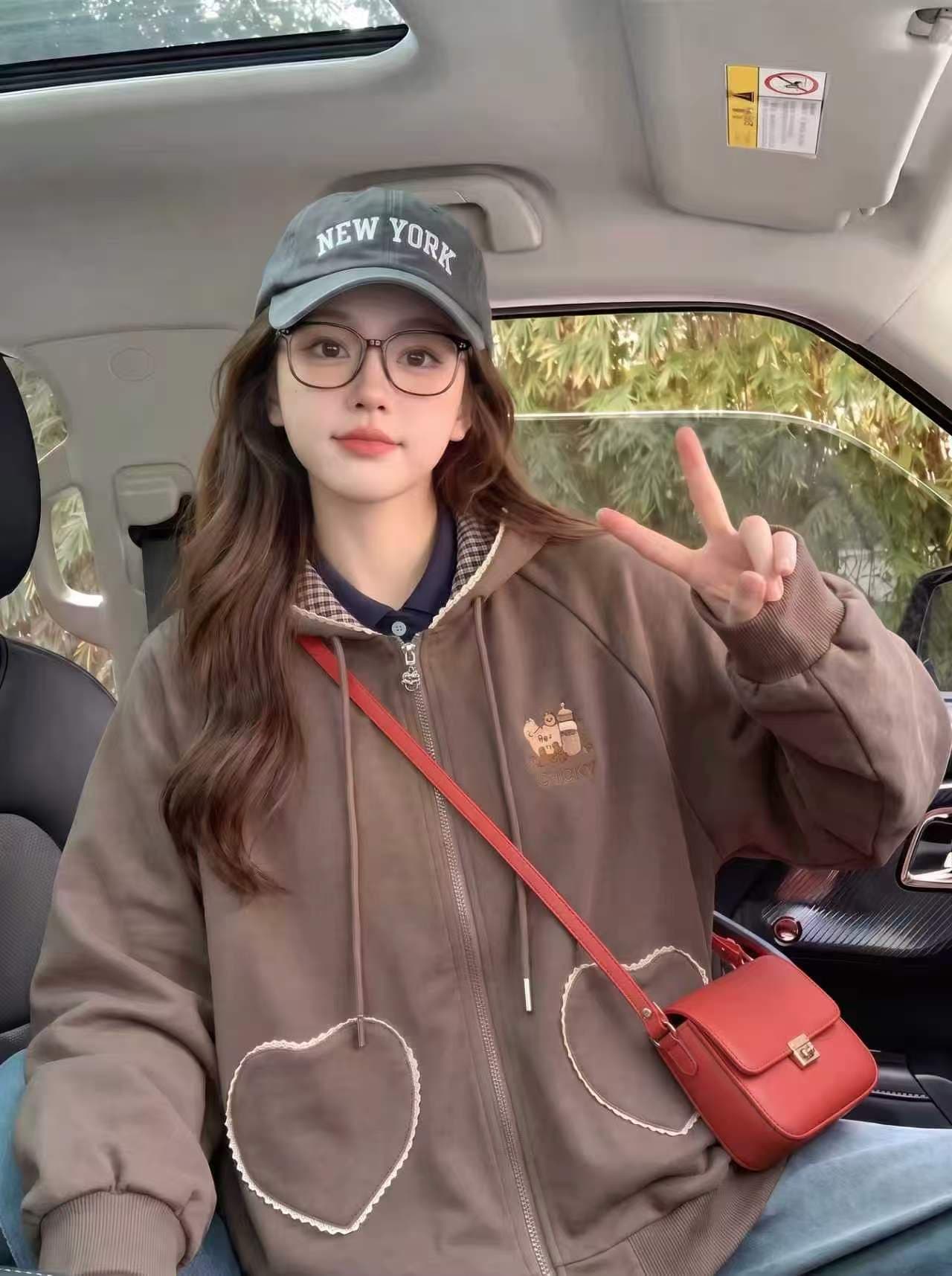 가을 겨울 새로운 두꺼운 복합 원단 자수 체크무늬 레이스 하트 지퍼 곰 귀 후드티 루즈핏 재킷 상세 이미지 13