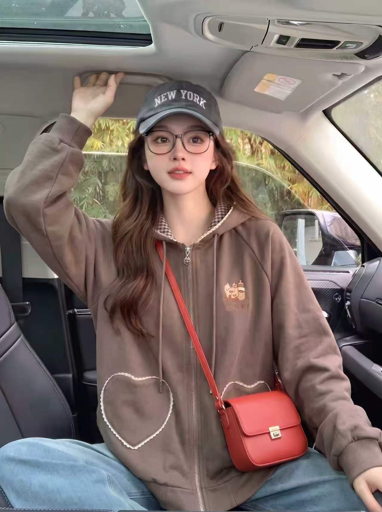 가을 겨울 새로운 두꺼운 복합 원단 자수 체크무늬 레이스 하트 지퍼 곰 귀 후드티 루즈핏 재킷 상세 이미지 14