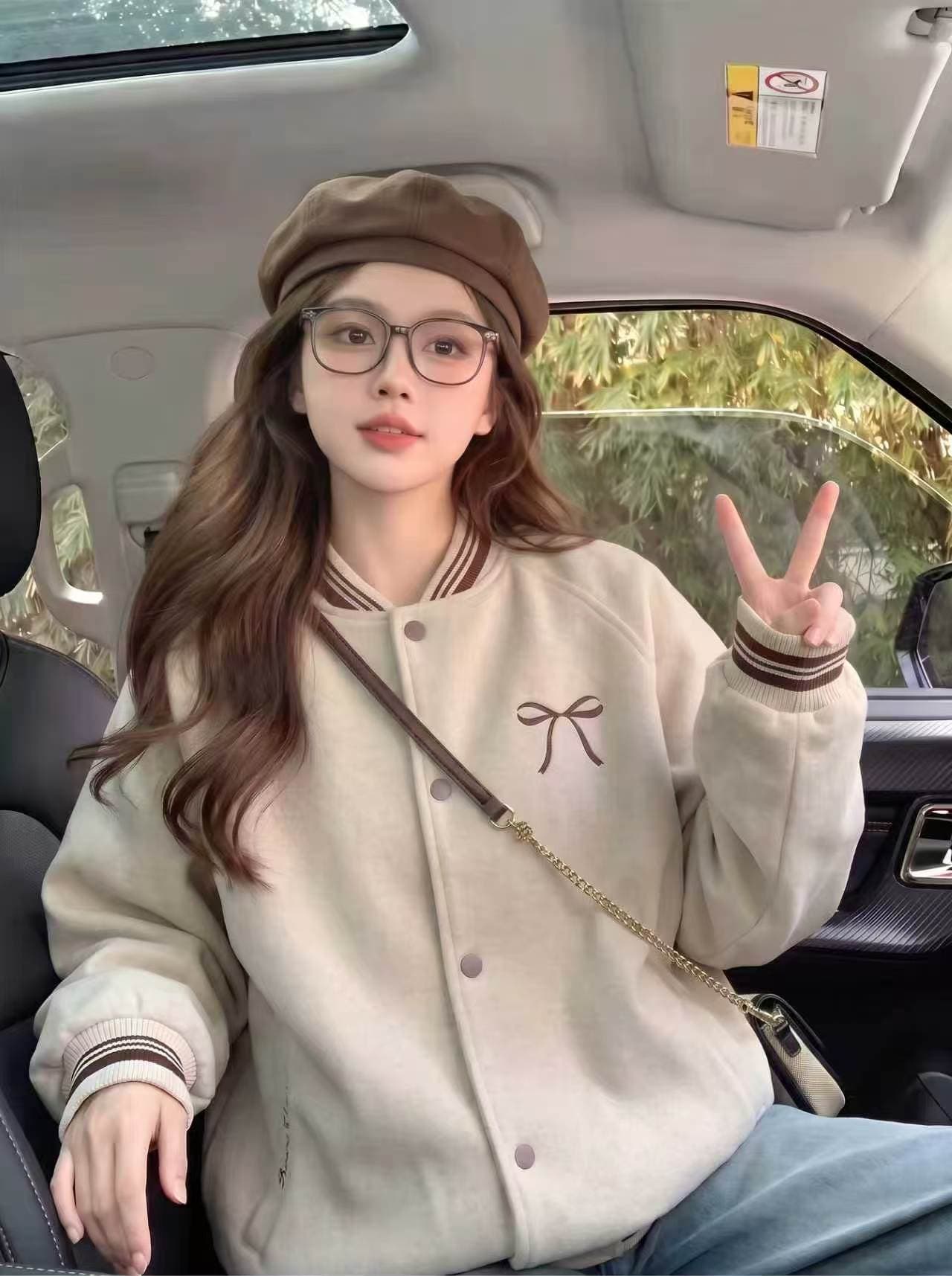 가을 새로운 외국 가스 학원 스타일 자수 알파벳 나비 매듭 스탠드 칼라 야구 외투