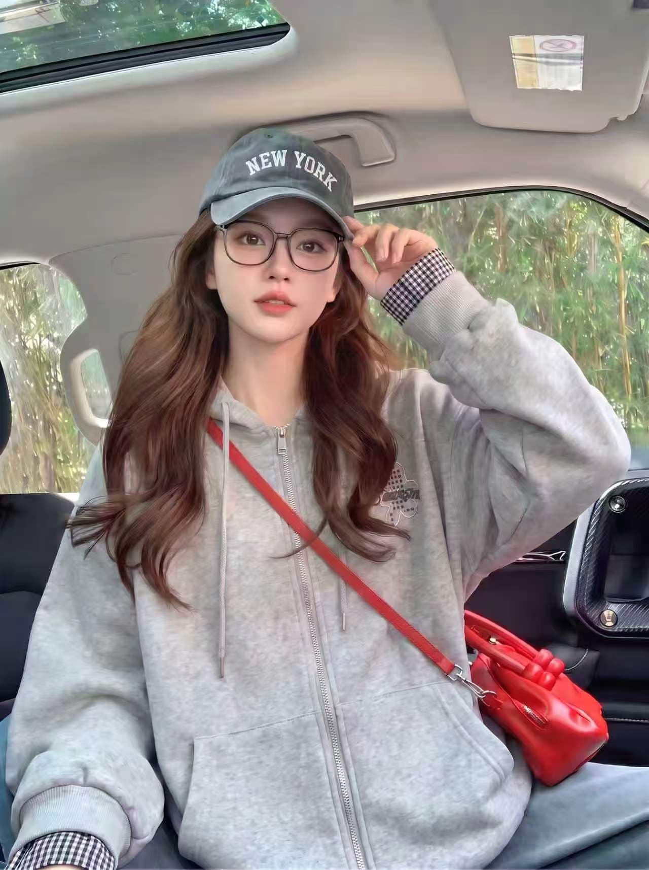 가을 겨울 새로운 두꺼운 복합 원단 자수 알파벳 체크무늬 색상 일치 후드 지퍼 루즈핏 후드티 재킷