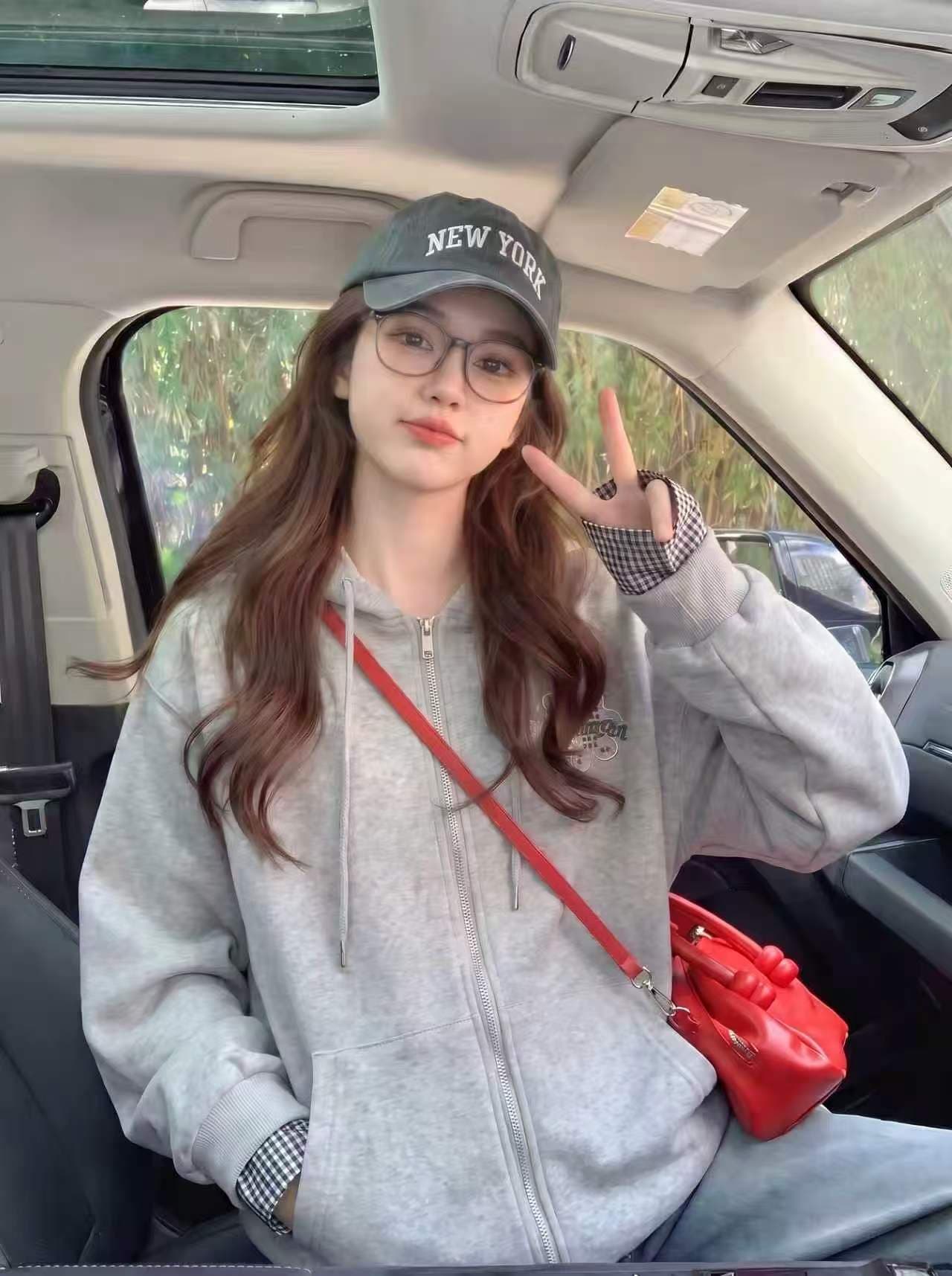 가을 겨울 새로운 두꺼운 복합 원단 자수 알파벳 체크무늬 색상 일치 후드 지퍼 루즈핏 후드티 재킷 상세 이미지 6