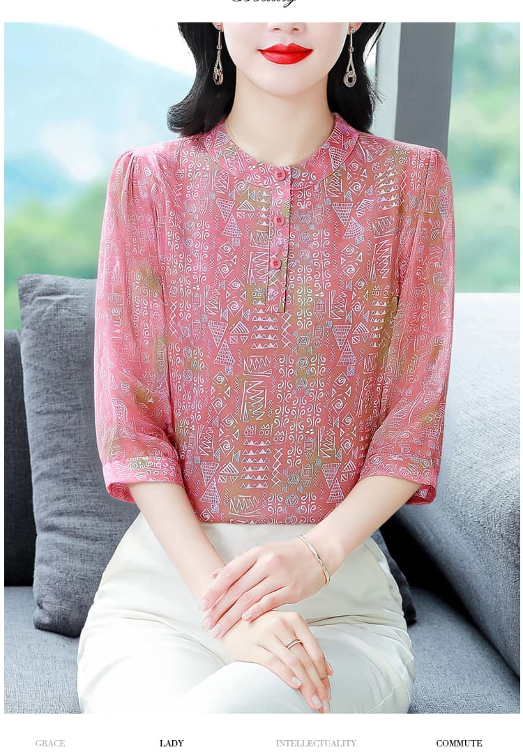 여성 여름 섹션 7부 소매 여성 셔츠 패션 체크무늬 프린트 작은 셔츠 캐주얼 풀오버 외국 가스 루즈핏 슬림해 보이는 셔츠 상세 이미지 12