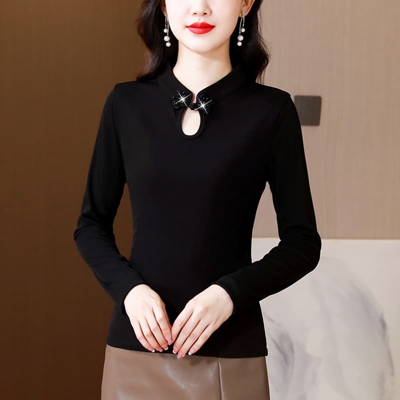 실사 스탠드 칼라 치파오 맨위 여성 가을 신축성 새틴 몸매 가꾸기 슬림해 보이는 레트로 단추 인사이드 가져 가라. 외출용 기본 셔츠 이미지 5