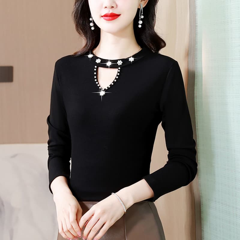 실사 2026 봄 가을 새로운 디자인 센스 작은 대중 기본 셔츠 여성 비즈 박기 홀로우 아웃 반팔 작은 셔츠 여성 이미지 2