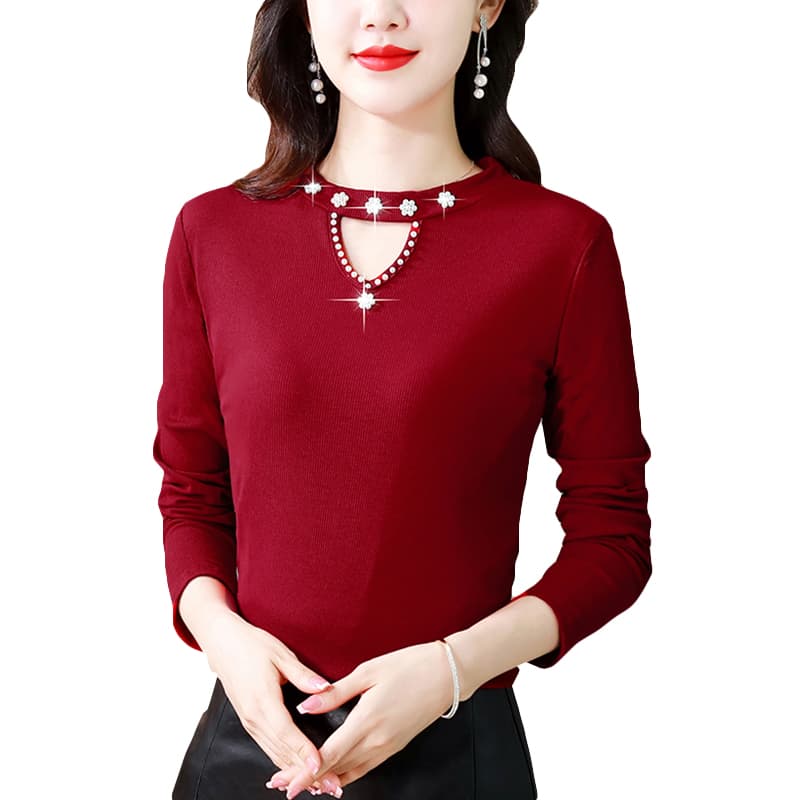 실사 2026 봄 가을 새로운 디자인 센스 작은 대중 기본 셔츠 여성 비즈 박기 홀로우 아웃 반팔 작은 셔츠 여성 이미지 6