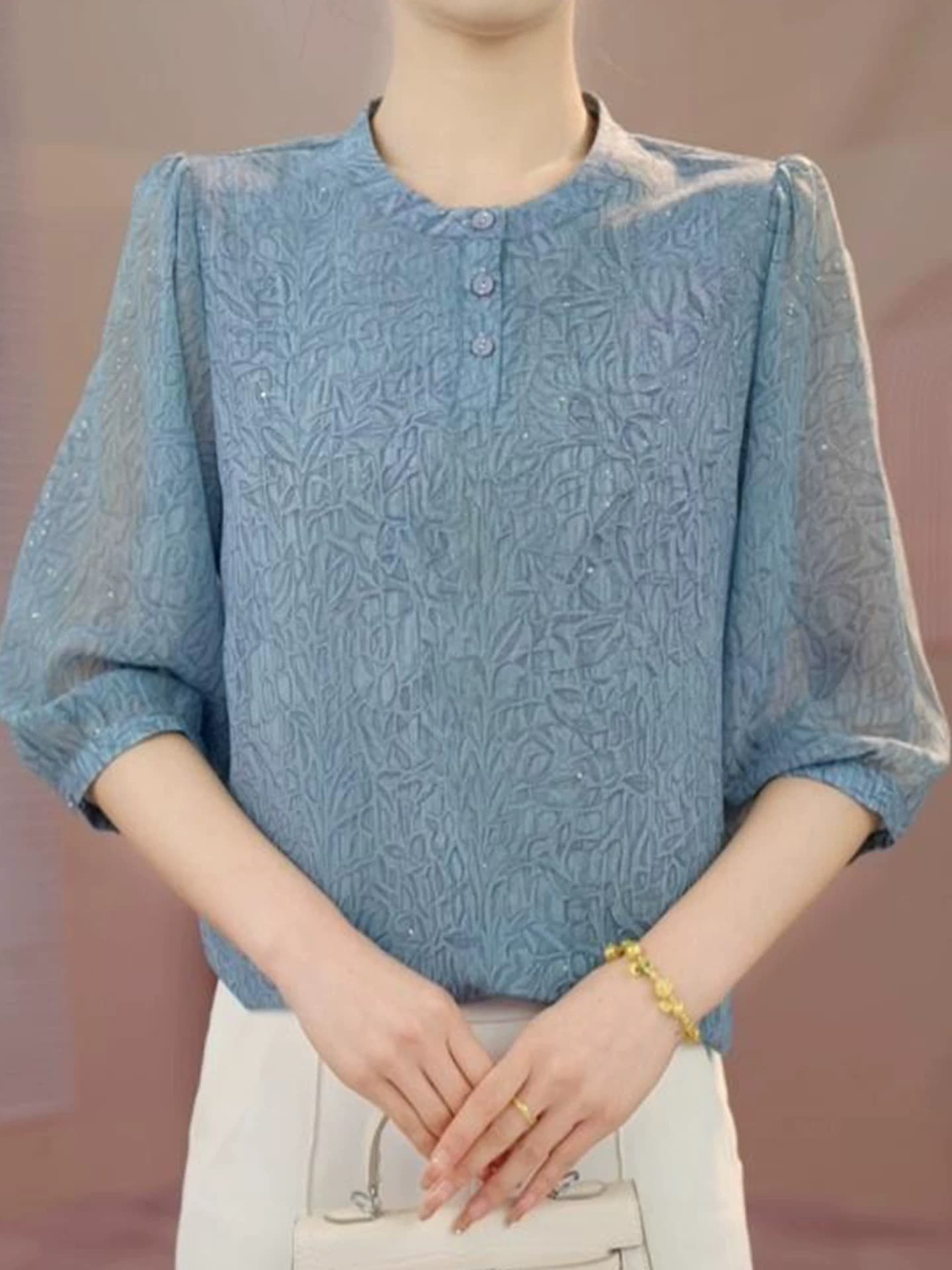 여름 새로운 패션 i 품격 7부 소매 프린트 여성 셔츠 스탠드 칼라 루즈핏 슬림해 보이는 어머니 드레스 연령 감소 맨위 이미지 2