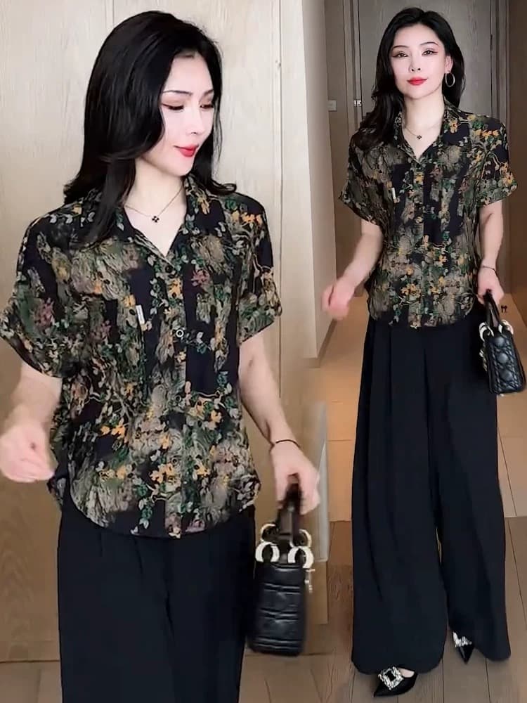 패션 프린트 반팔 여성 셔츠 2026 여름 새로운 외국 가스 루즈핏 슬림해 보이는 폴로 칼라 다용도 품격 맨위 트렌디 상세 이미지 3