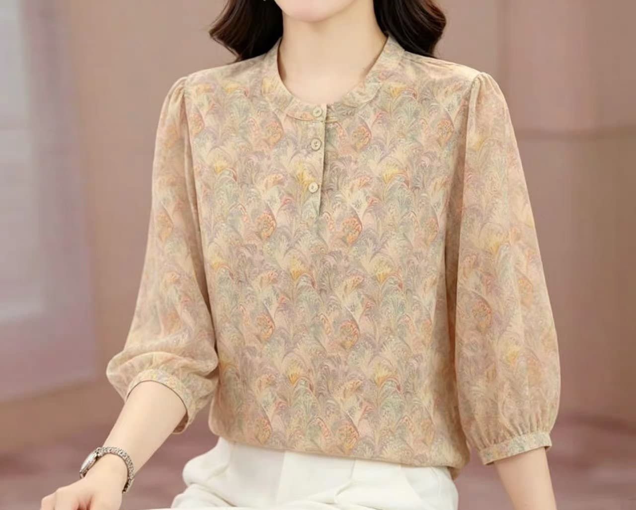 여름 새로운 패션 품격 7부 소매 프린트 여성 셔츠 외국 가스 루즈핏 슬림해 보이는 어머니 드레스 연령 감소 맨위 트렌디 이미지 4