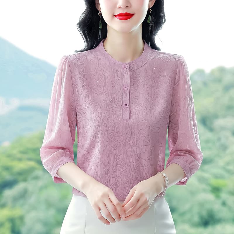 2026 여름 드레스 새로운 패션 얇은 스타일 꽃무늬 셔츠 엄마 외국 가스 연령 감소 루즈핏 프린트 7부 소매 여성 셔츠 이미지 2