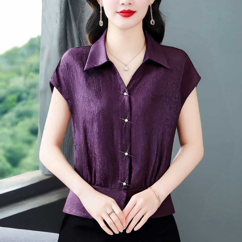 여름 구슬 빛 새틴 디자인 센스 작은 대중 패션 품격 여성 폴로 칼라 반팔 티셔츠 다용도 연령 감소 슬림해 보이는 셔츠 이미지 3