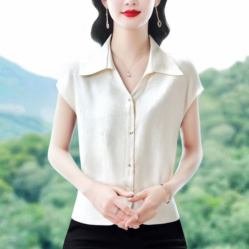 여름 구슬 빛 새틴 디자인 센스 작은 대중 패션 품격 여성 폴로 칼라 반팔 티셔츠 다용도 연령 감소 슬림해 보이는 셔츠 이미지 5