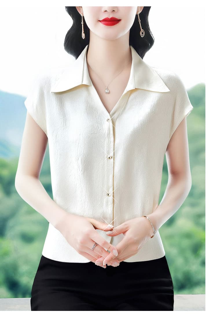 여름 구슬 빛 새틴 디자인 센스 작은 대중 패션 품격 여성 폴로 칼라 반팔 티셔츠 다용도 연령 감소 슬림해 보이는 셔츠 상세 이미지 17