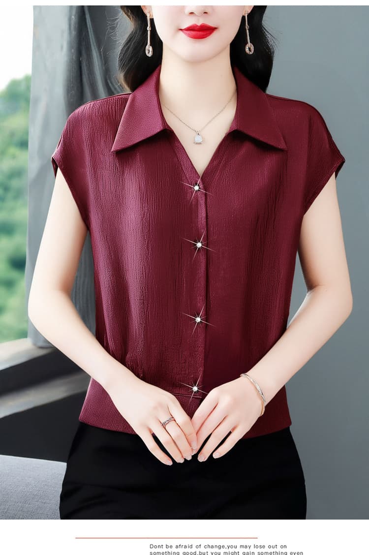 여름 구슬 빛 새틴 디자인 센스 작은 대중 패션 품격 여성 폴로 칼라 반팔 티셔츠 다용도 연령 감소 슬림해 보이는 셔츠 상세 이미지 23