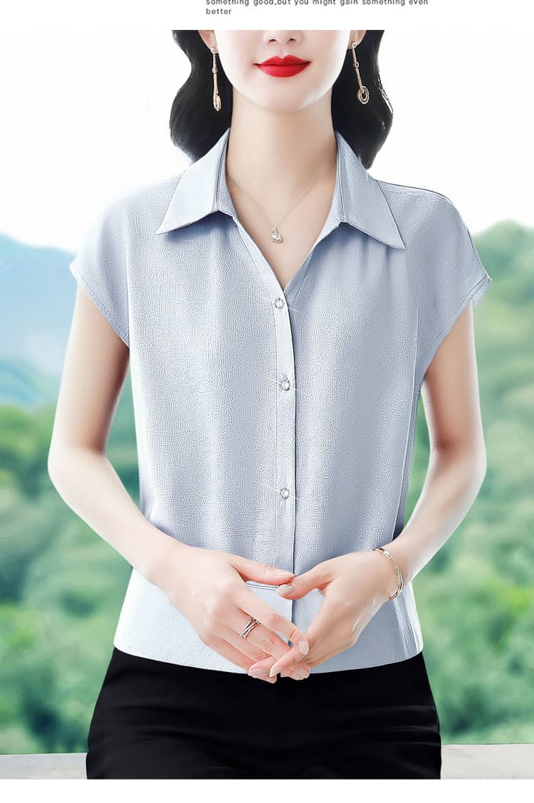 여름 구슬 빛 새틴 디자인 센스 작은 대중 패션 품격 여성 폴로 칼라 반팔 티셔츠 다용도 연령 감소 슬림해 보이는 셔츠 상세 이미지 28